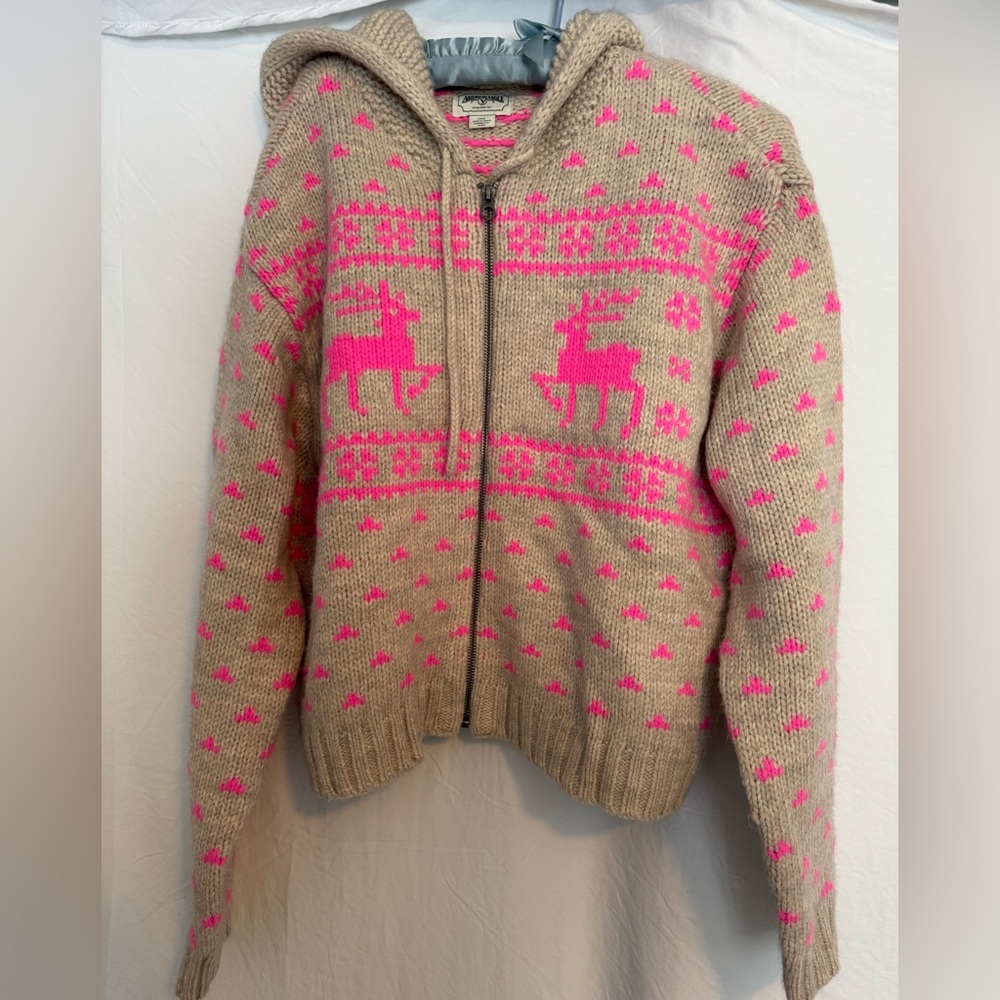 American Eagle Zip-Up Hooded Reindeer Sweater, Size L, NWOT